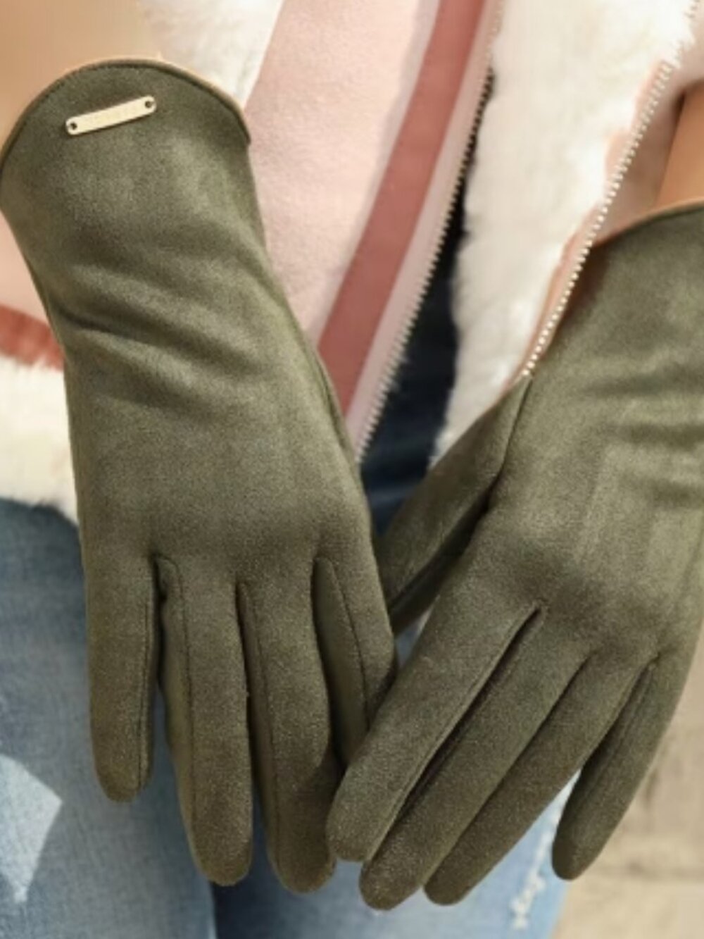 New Olive Green Faux Suede Full Finger Gloves, Touchscreen-Compatibility.